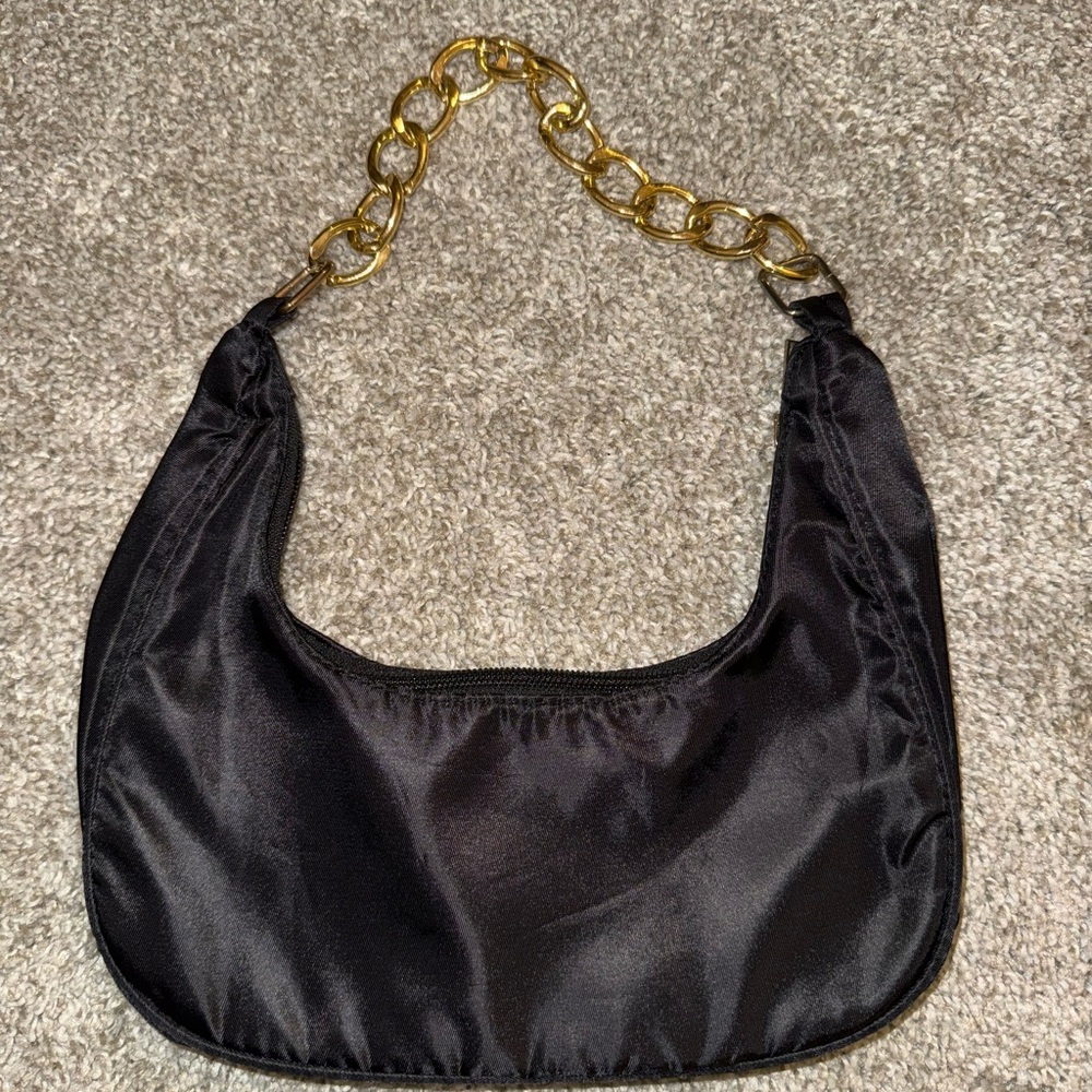 Elegant Black Satin Bag with Gold Chain